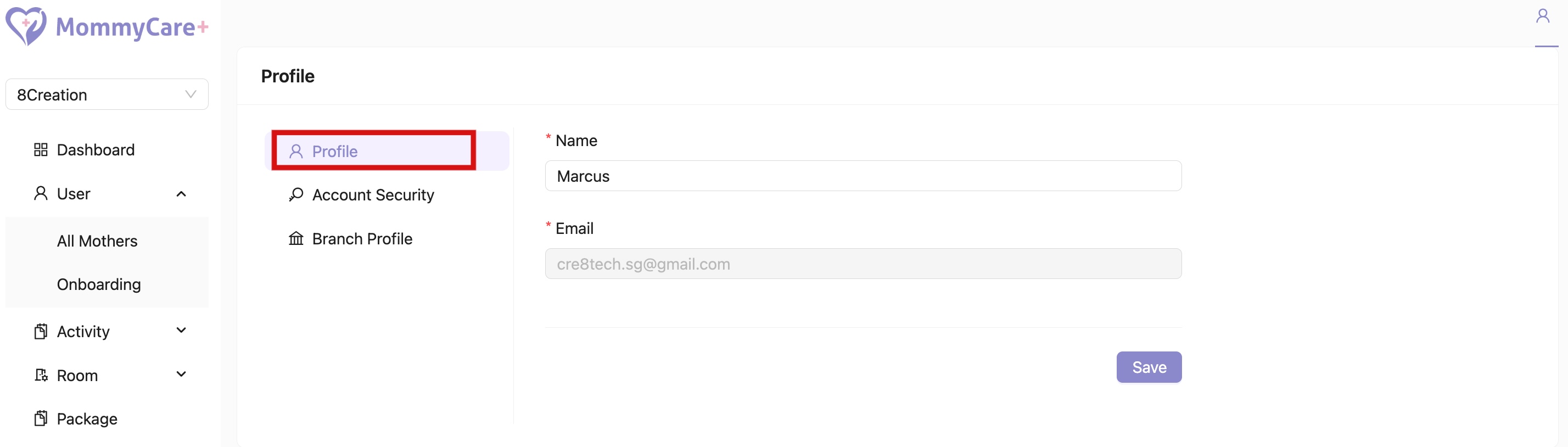 Profile in Admin Portal