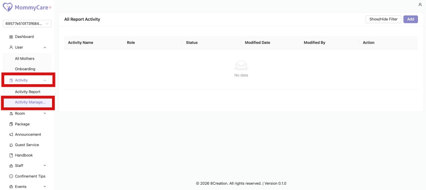 Activity Management in Admin Portal