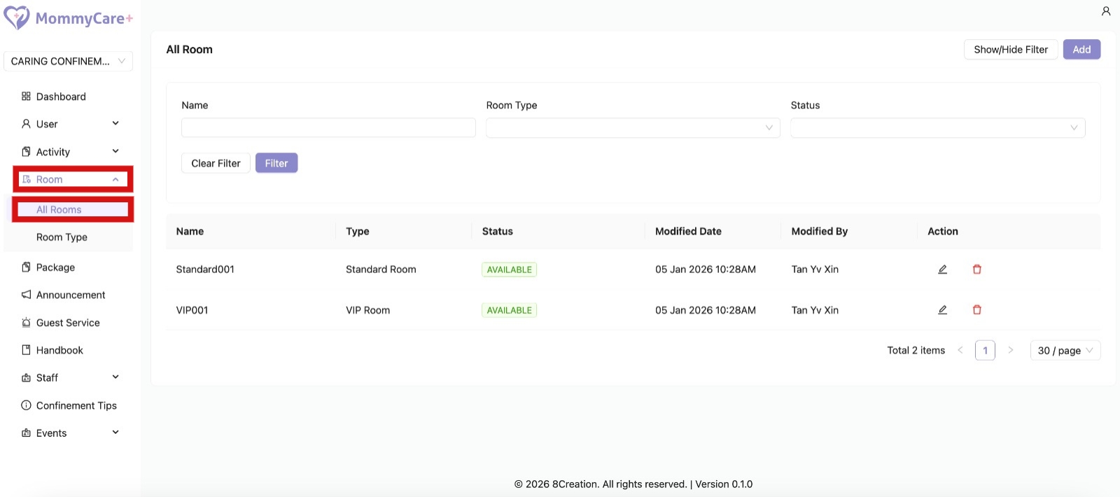 All Rooms in Admin Portal