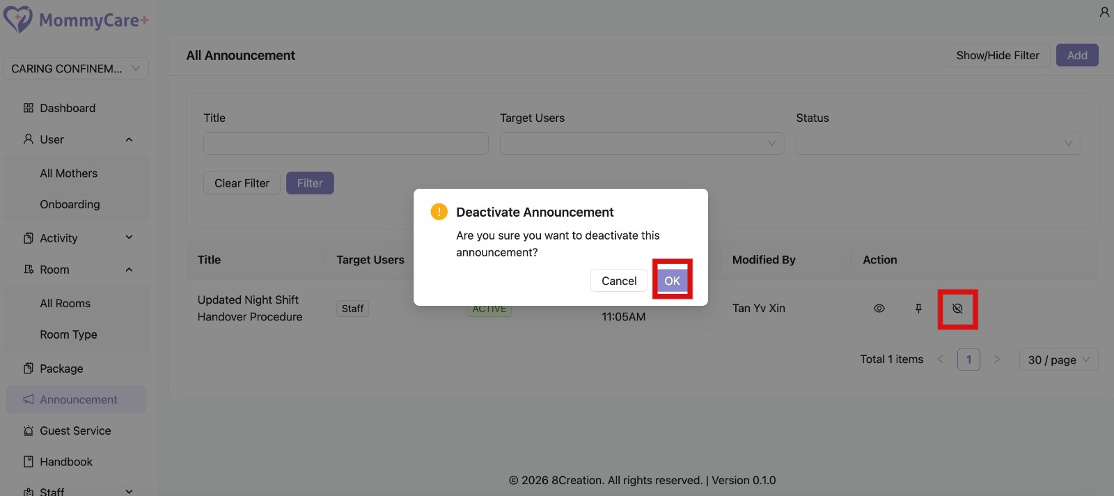 Unpublish Announcement