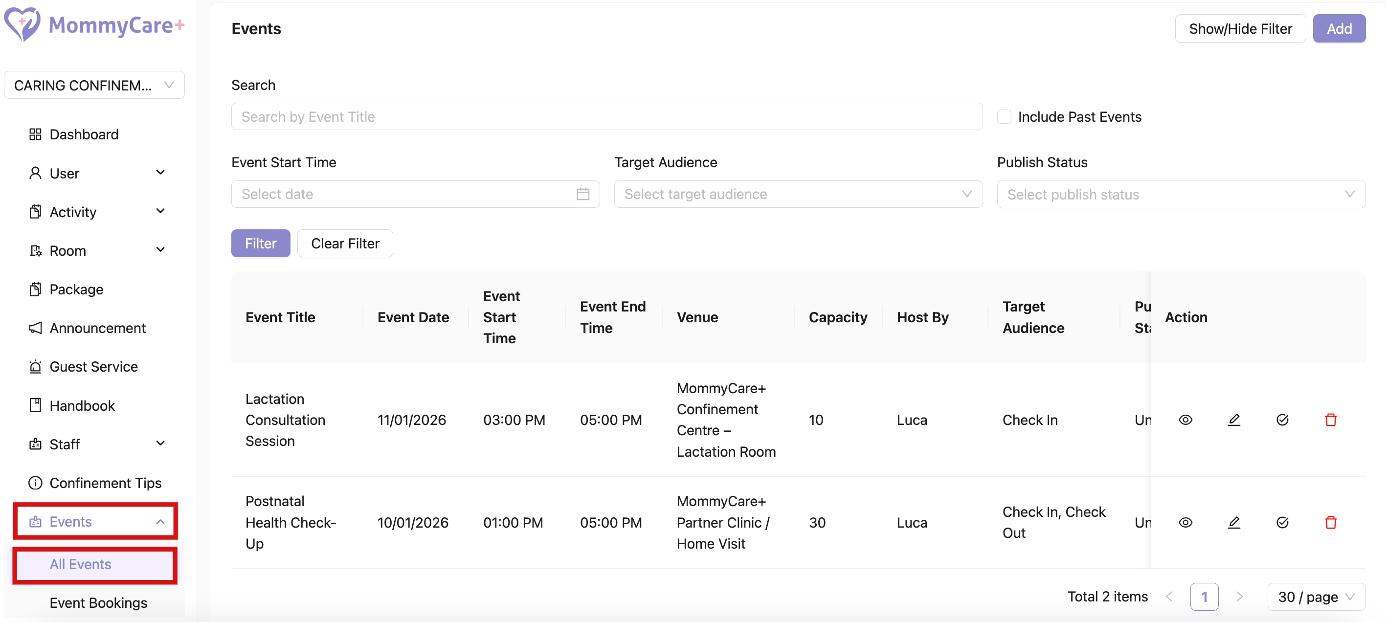 All Events in Admin Portal