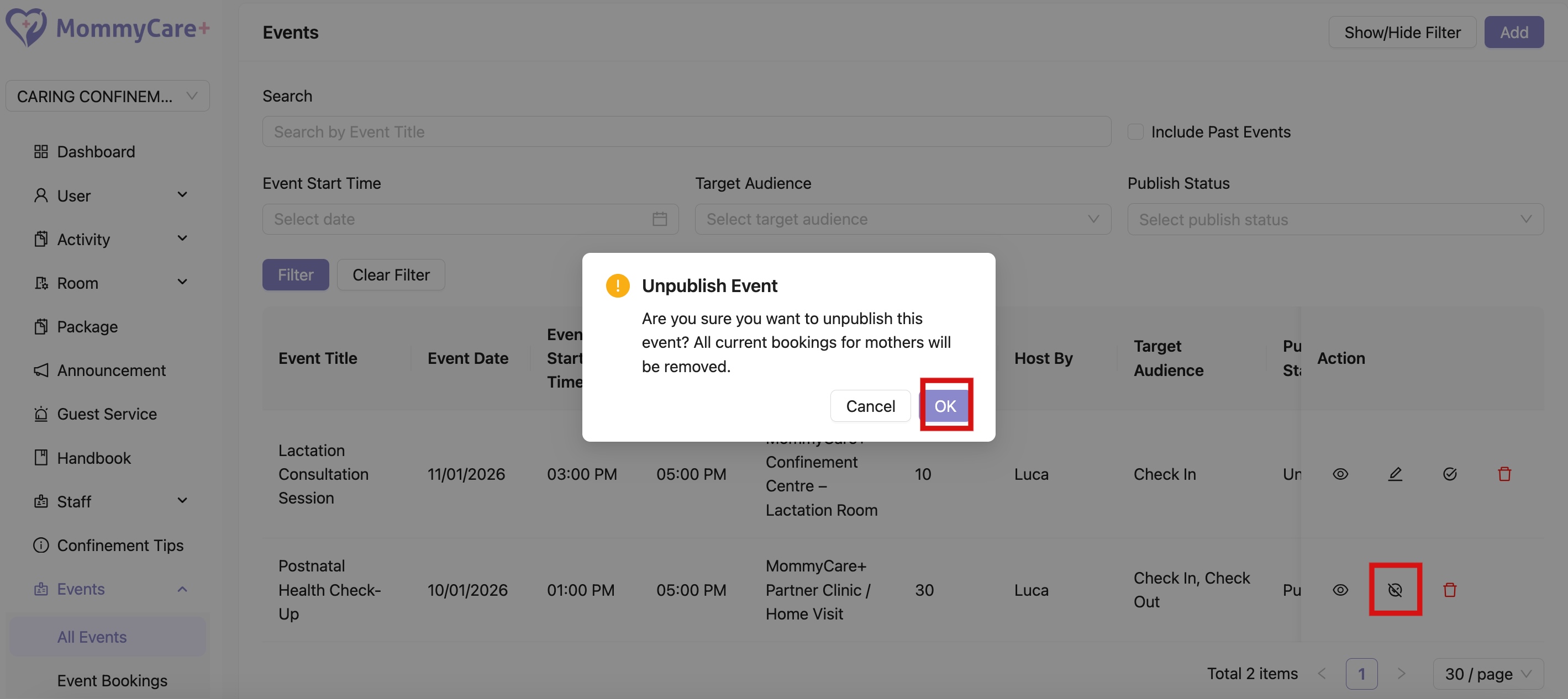 Unpublish All Events