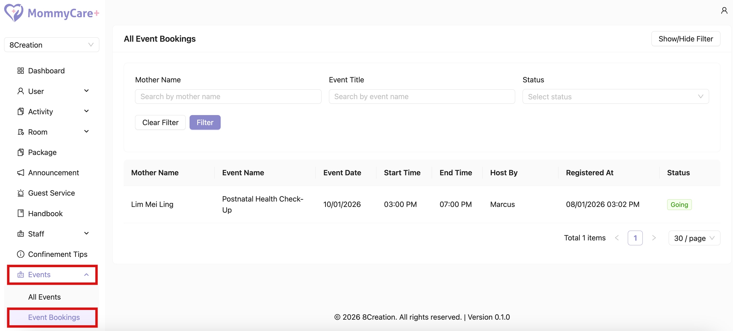 Event Booking in Admin Portal
