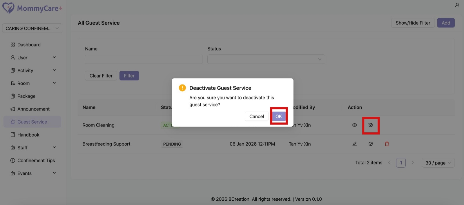 Unpublish Guest Service
