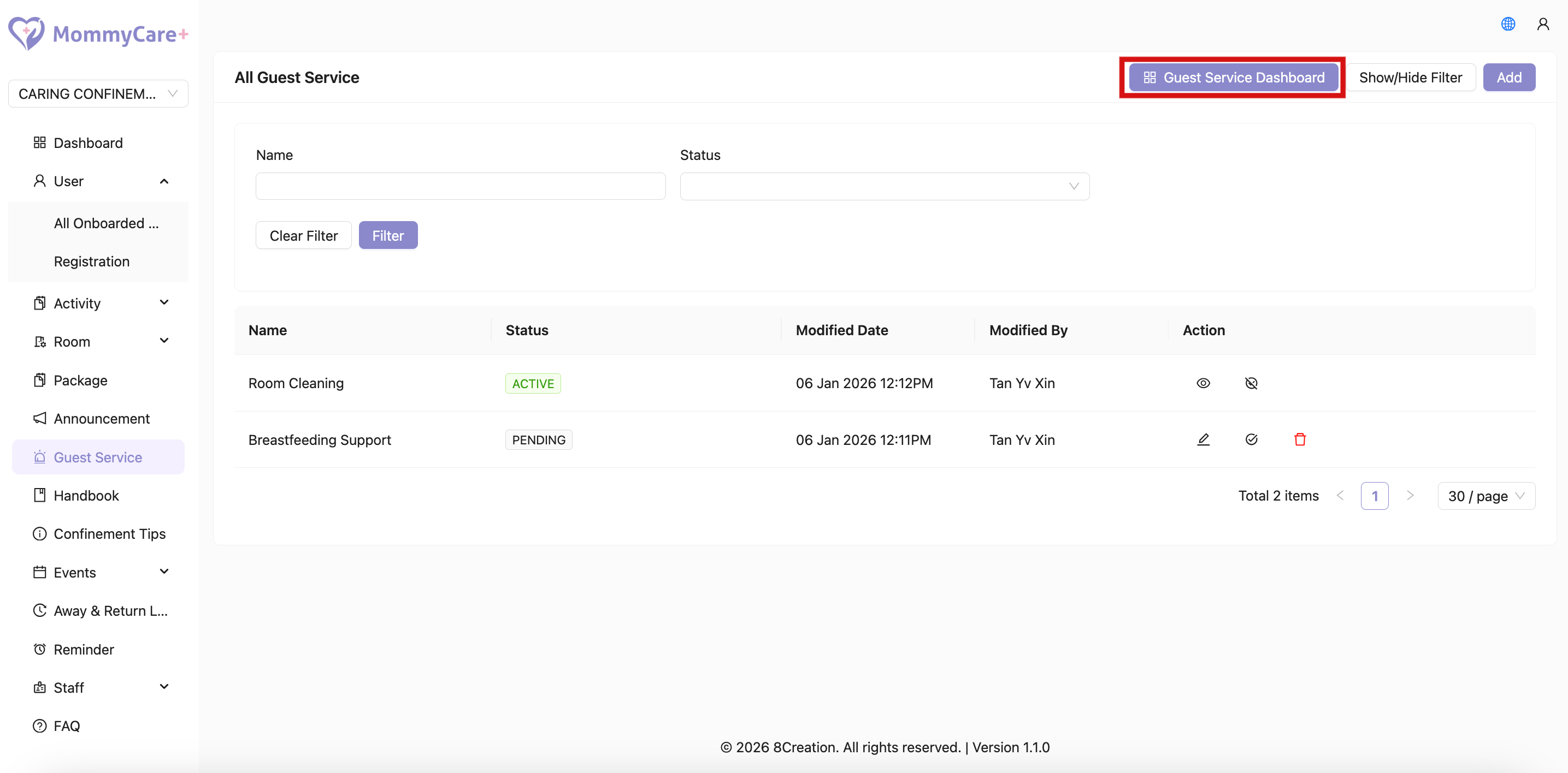 View Guest Service Dashboard