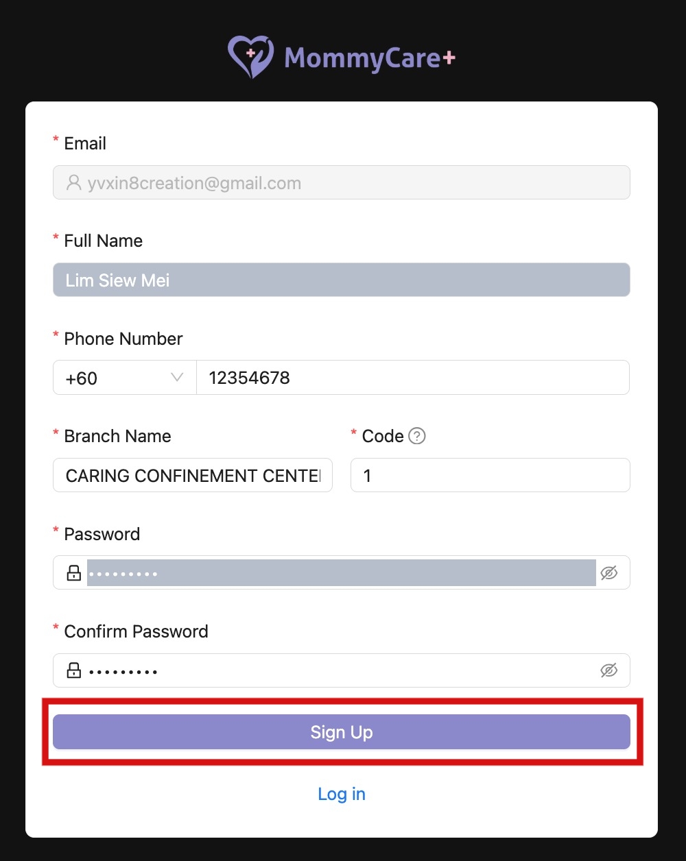 Sign Up Form Screenshot