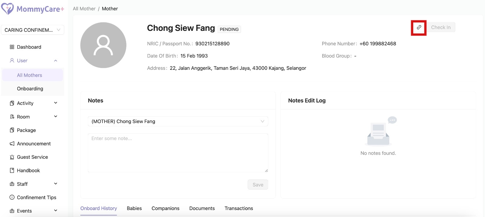 Pre Check-In Link Location