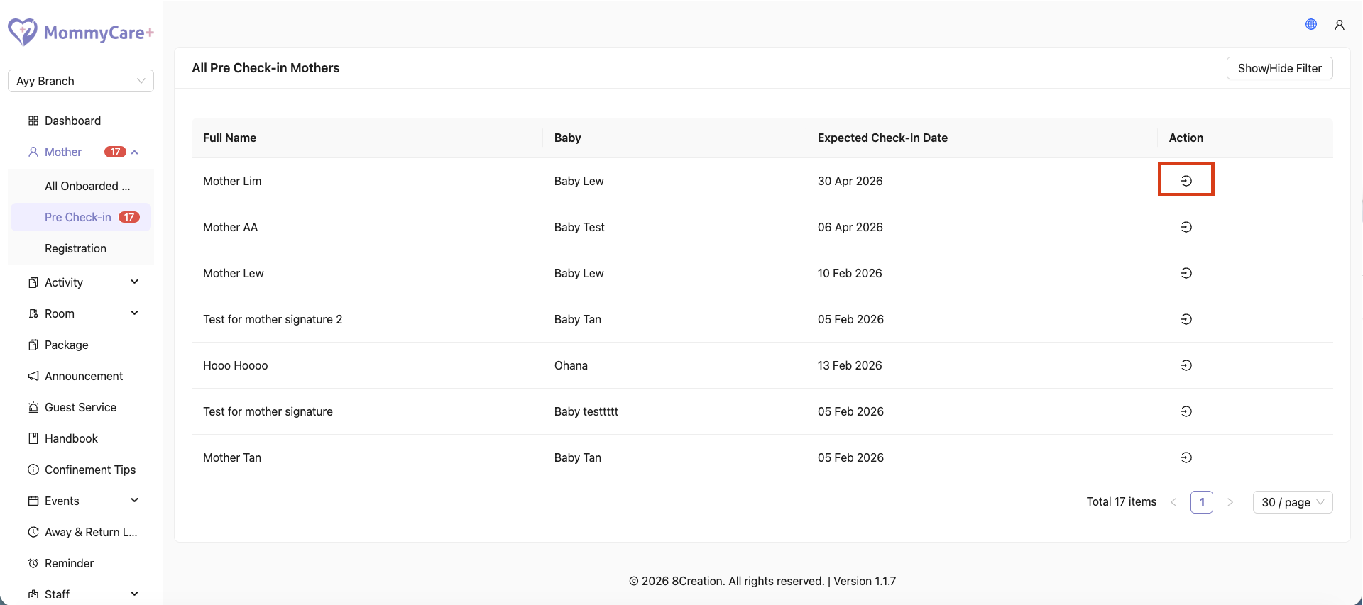 Check-in in Admin Portal
