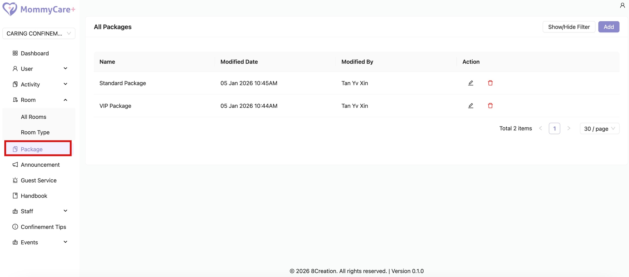 Package in Admin Portal