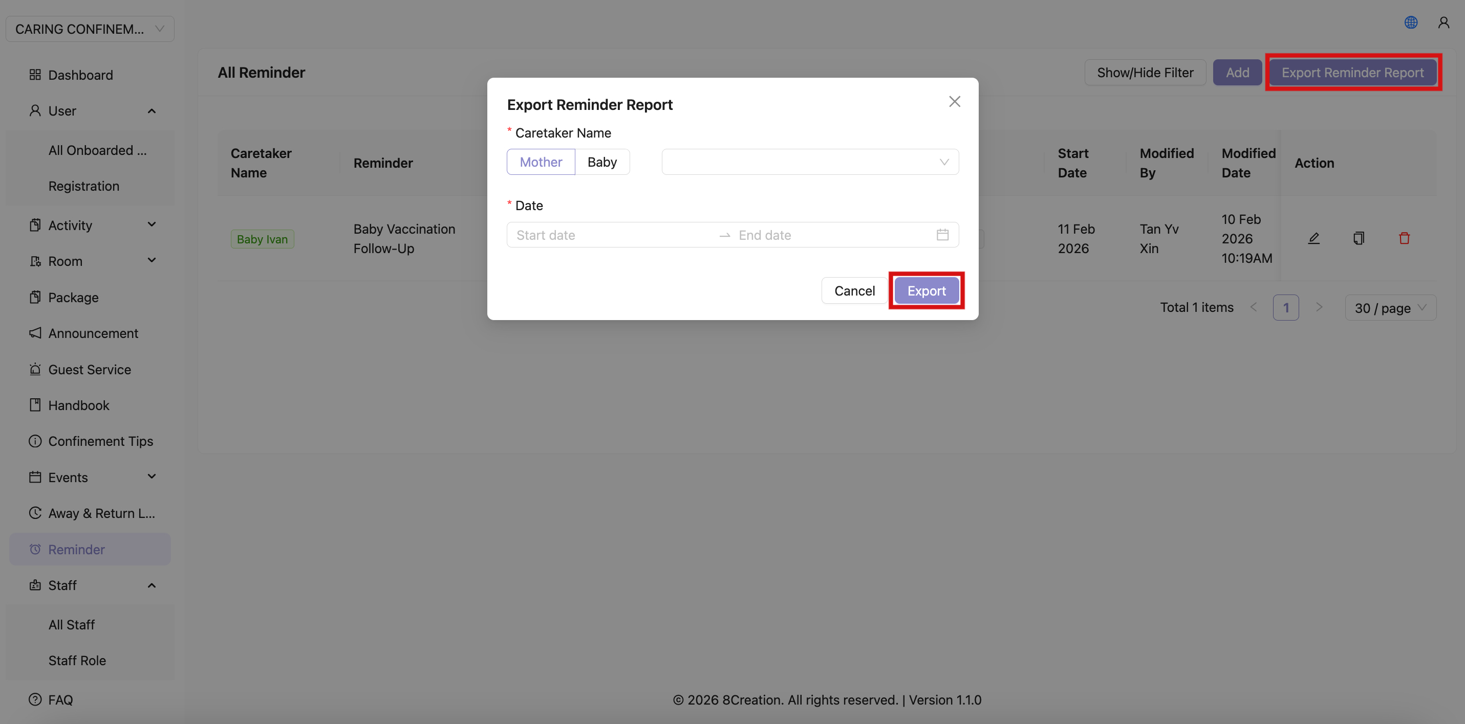 Export Reminder Report