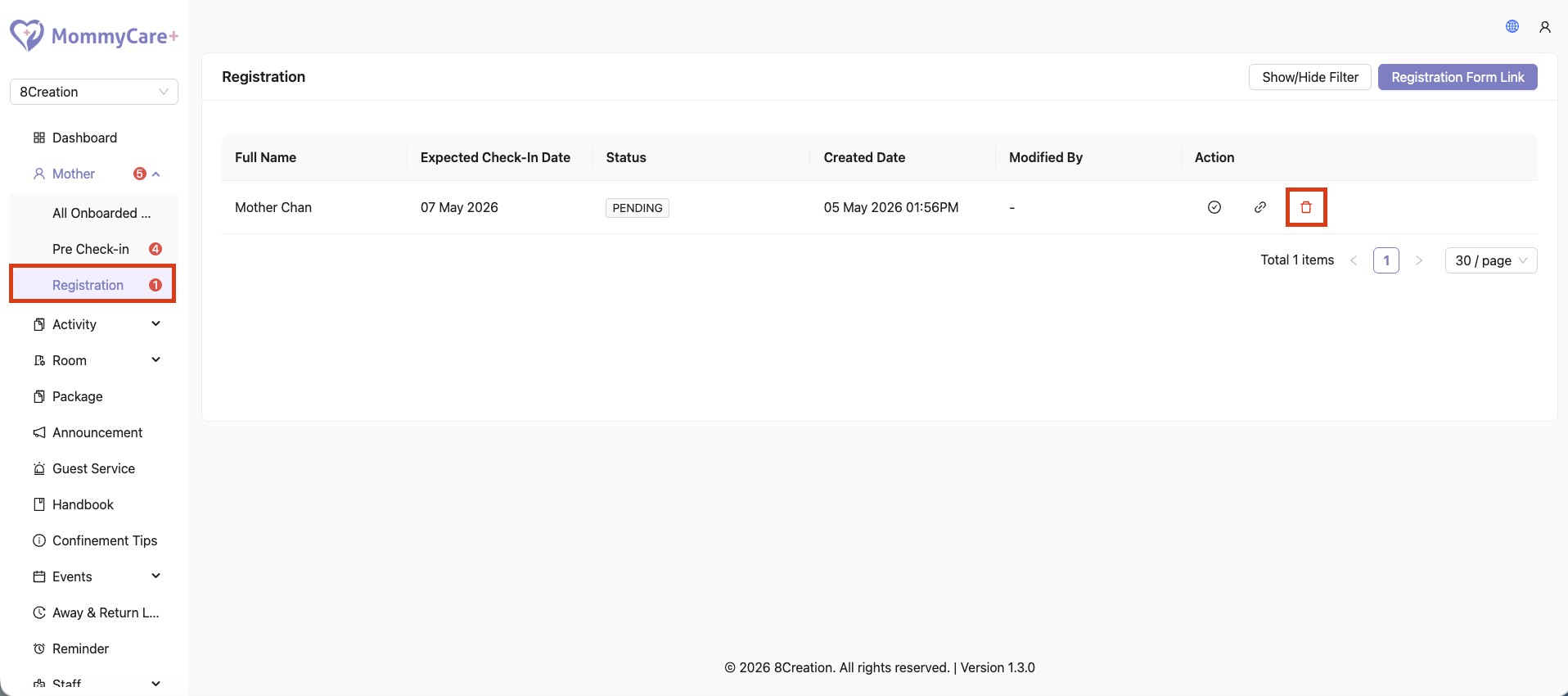 Mother Management in Admin Portal