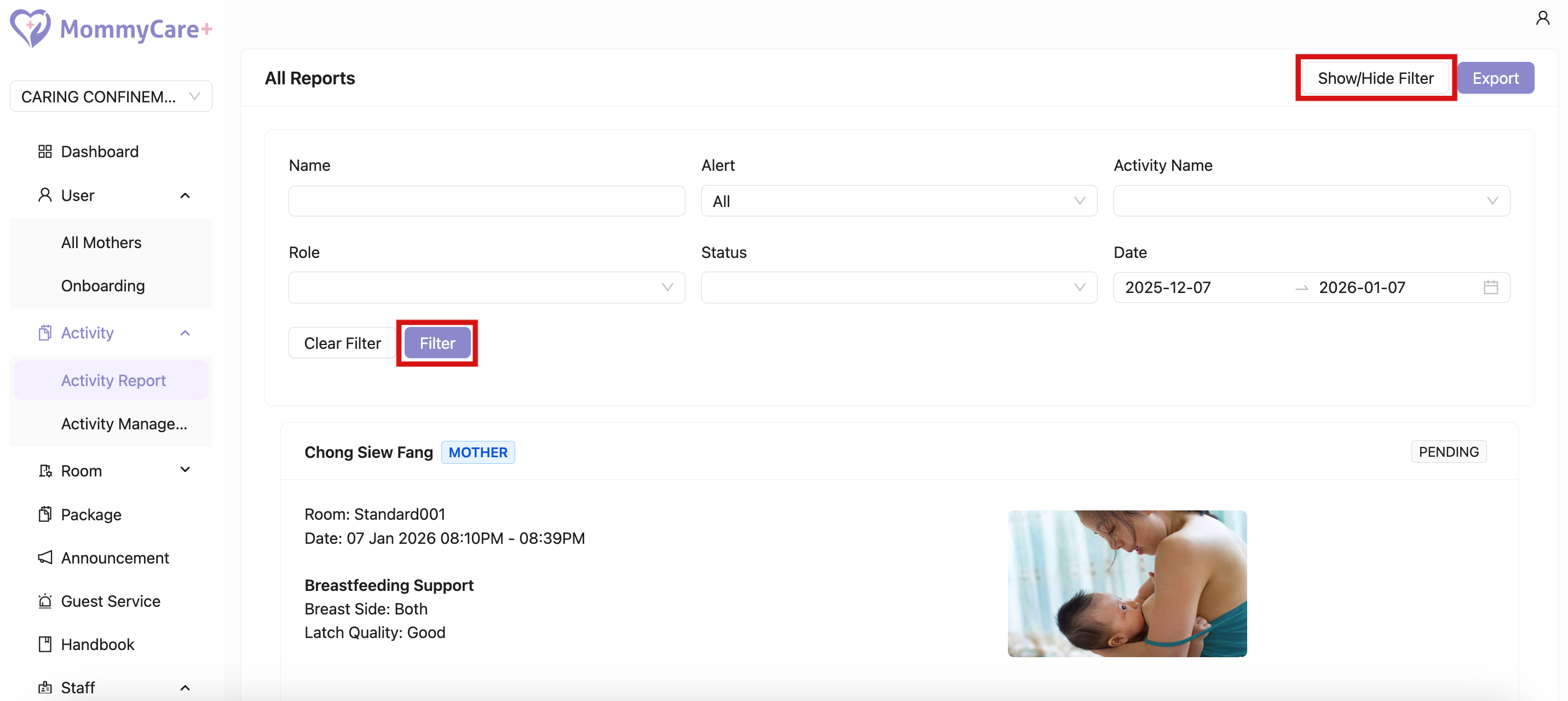 Filter Report in Admin Portal