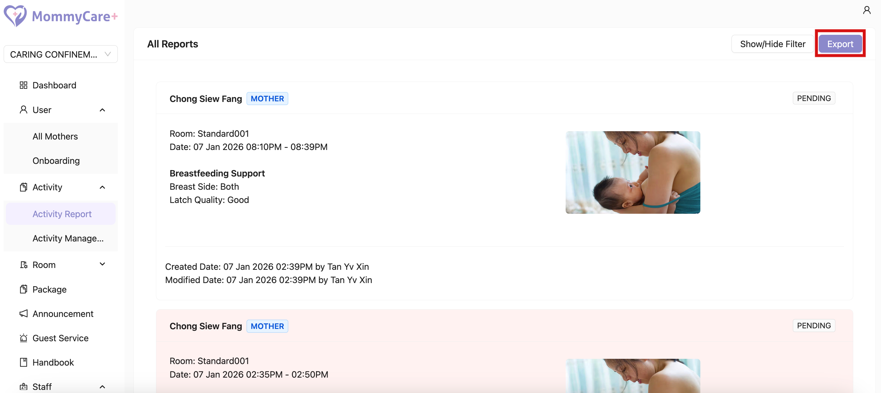 Export Report in Admin Portal