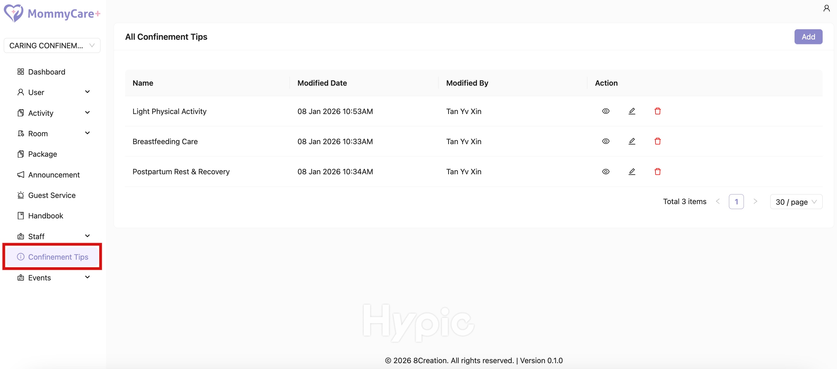 Confinement Tips in Admin Portal