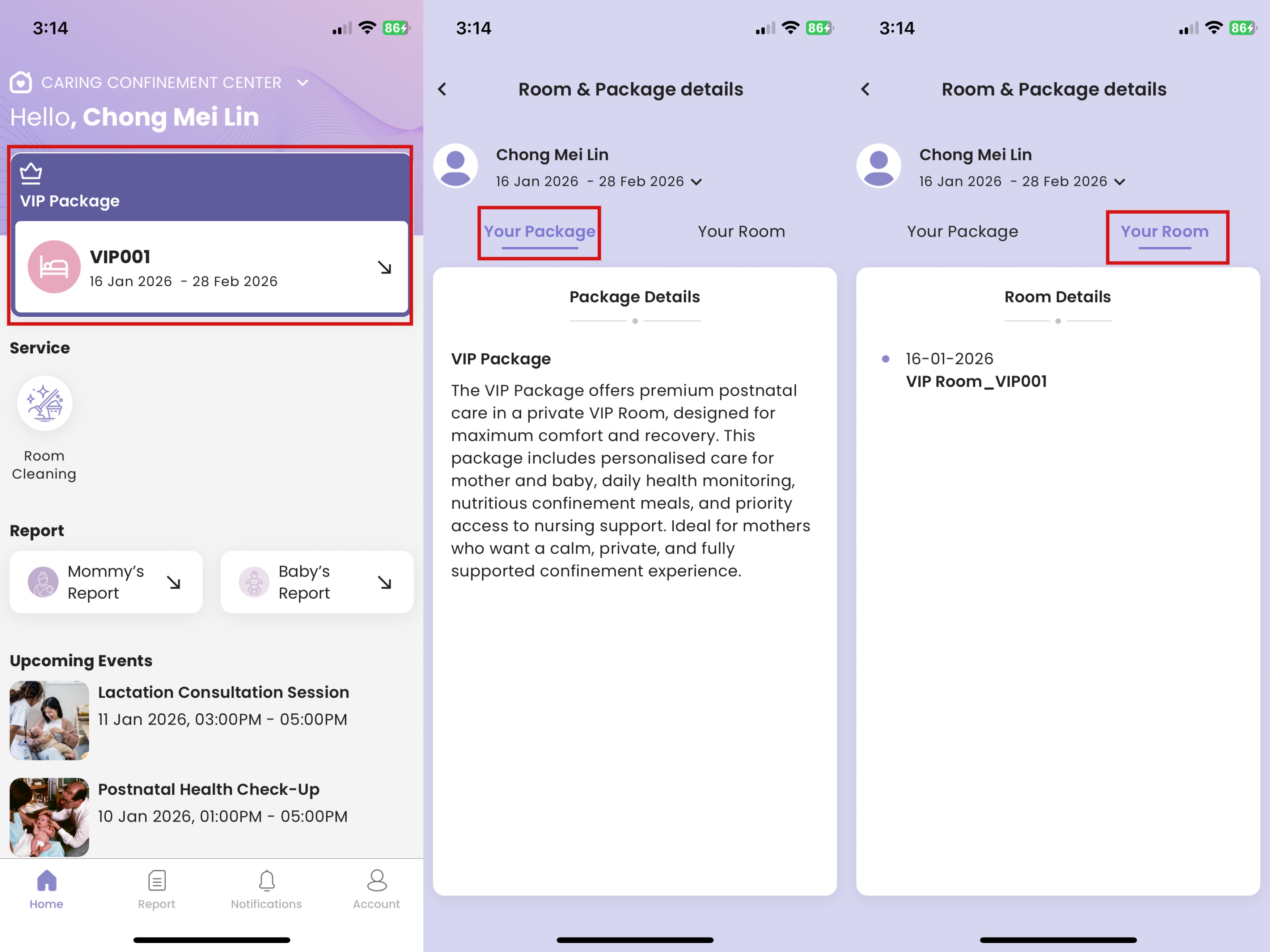 Room & Package Details in Mother App
