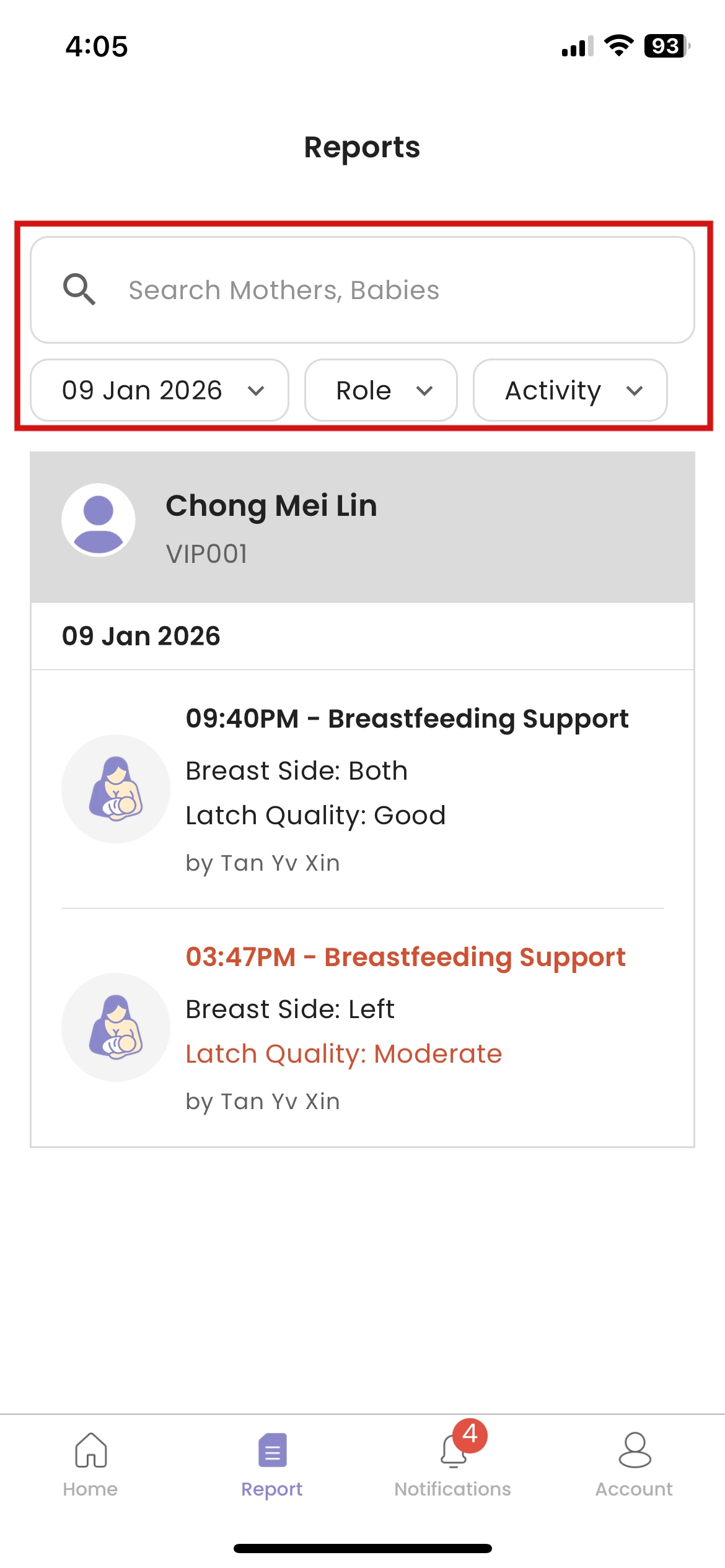 Search/Filter Report in Mother App