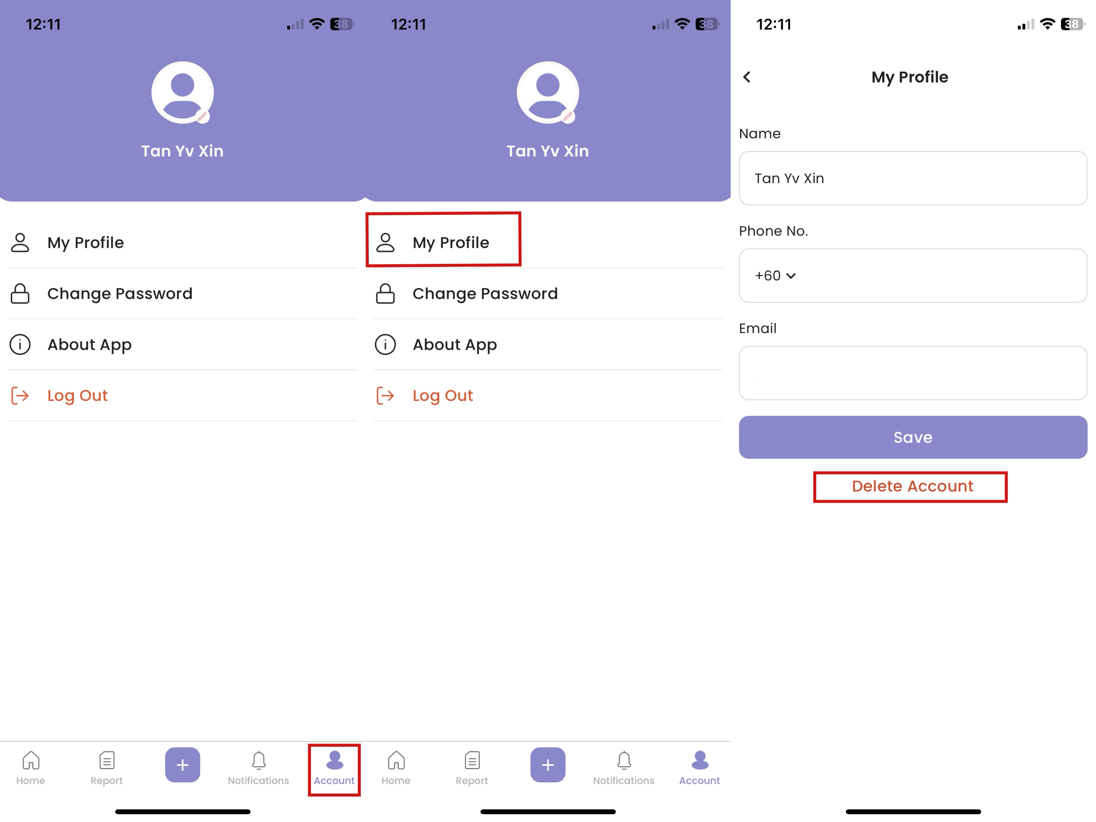 Delete Account in Staff App