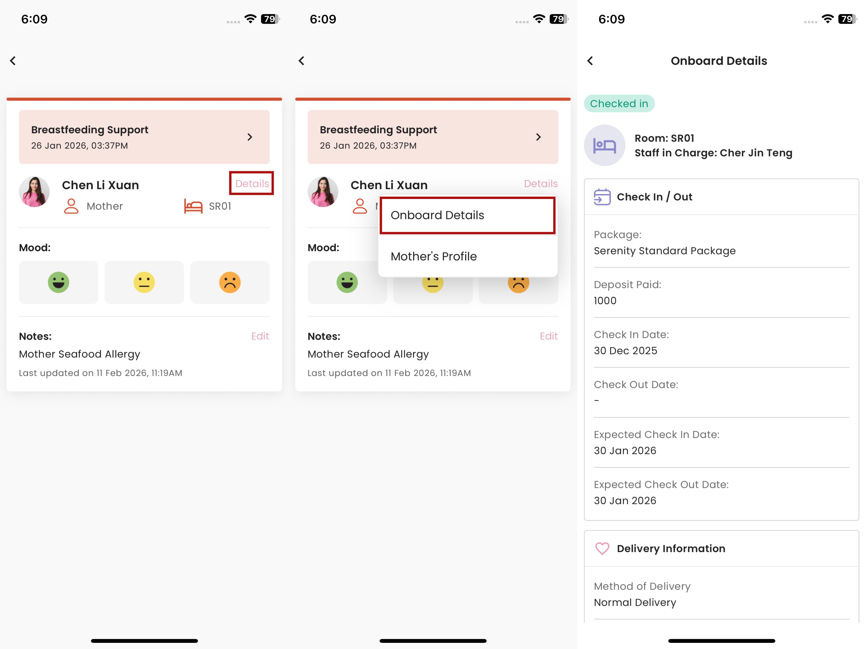 View Mother Onboard Details in Staff App