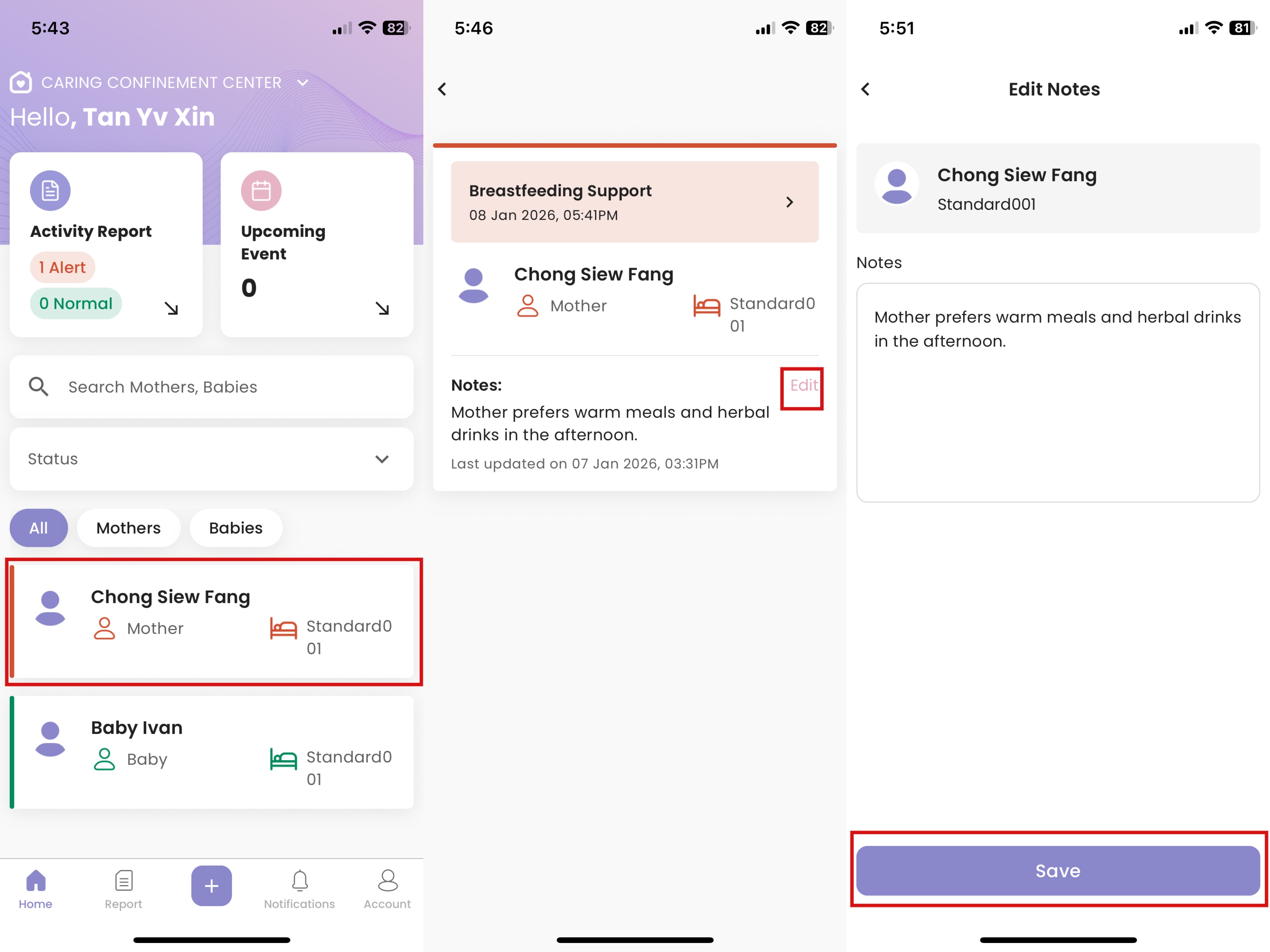 Edit Mother/Baby's Notes in Staff App