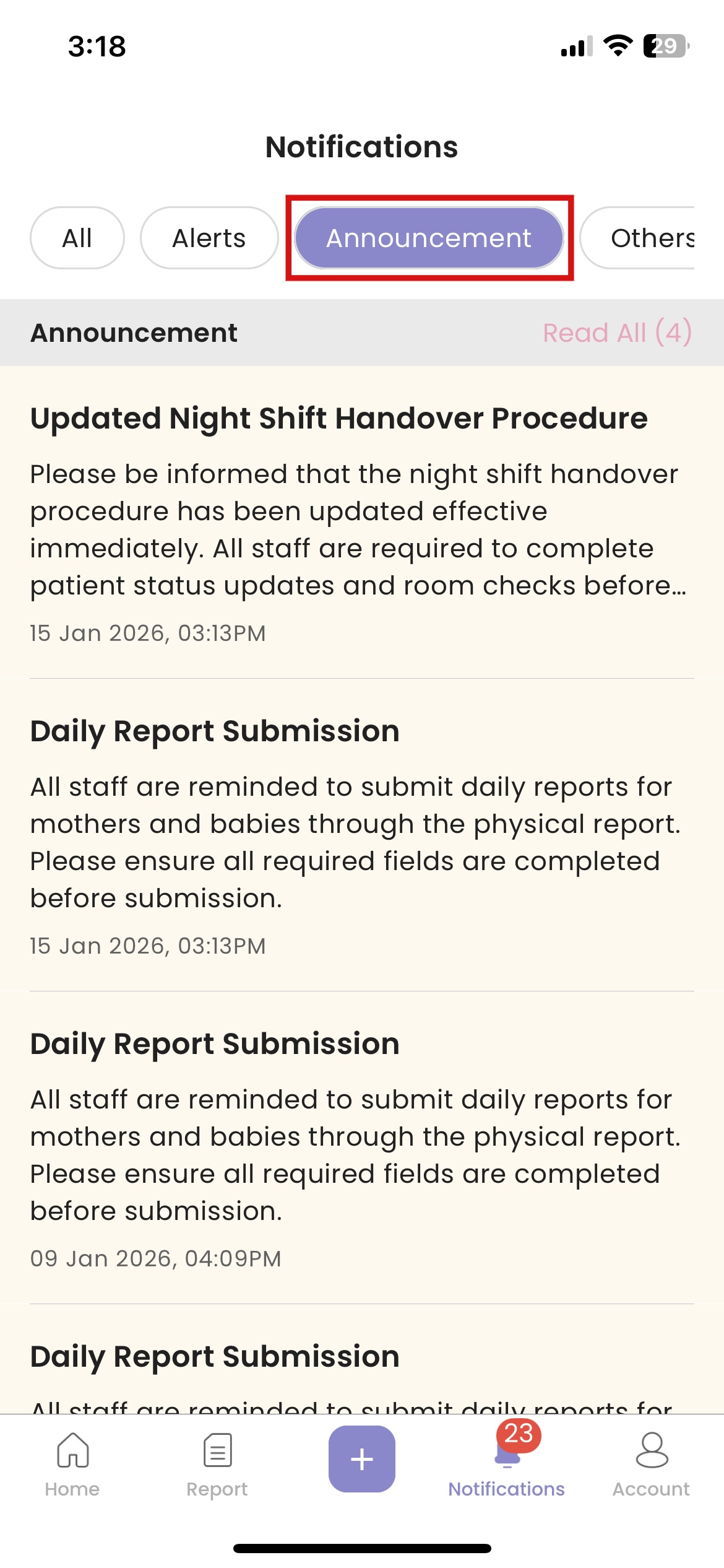 View Announcement As Read in Staff App