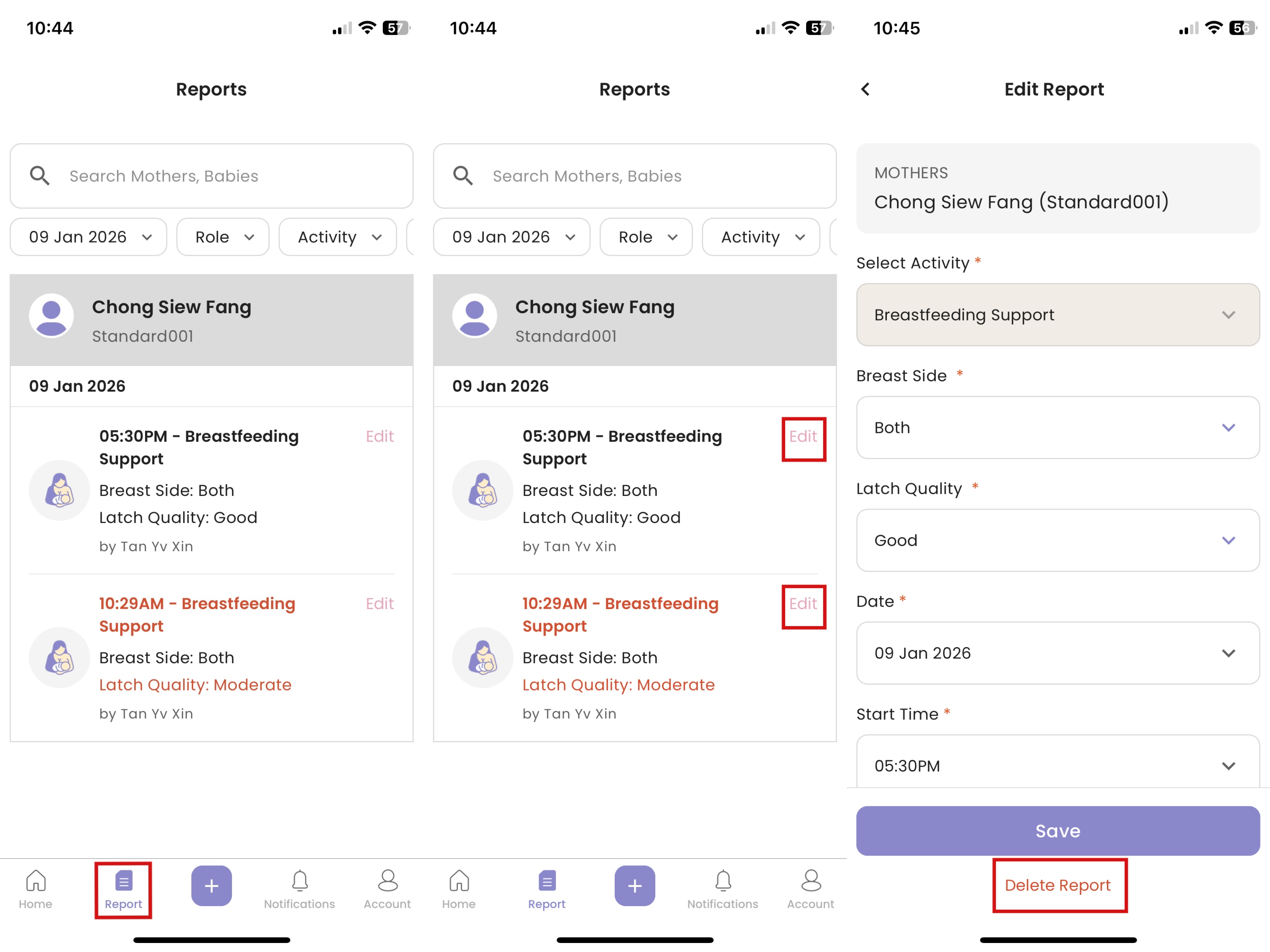 Delete Report in Staff App