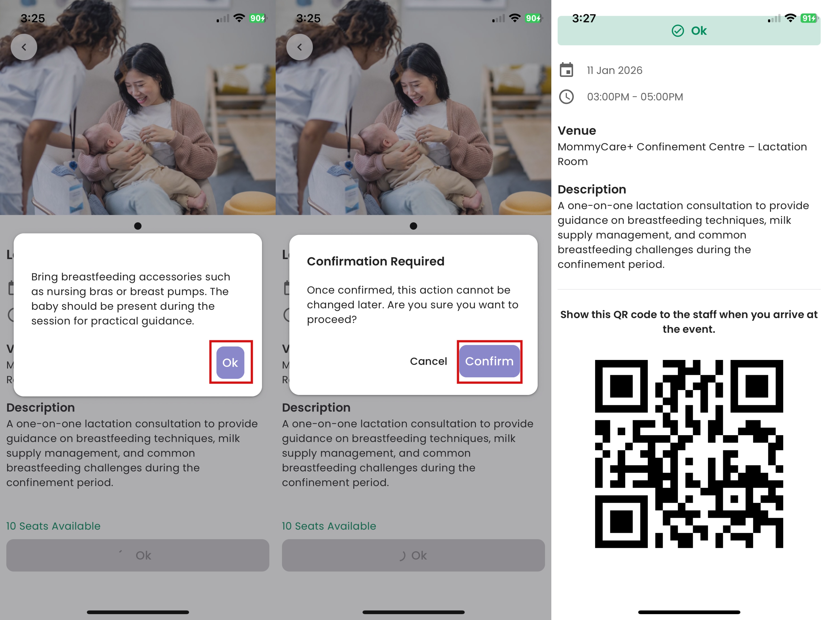 Confirm Booking Upcoming Event in Mother App