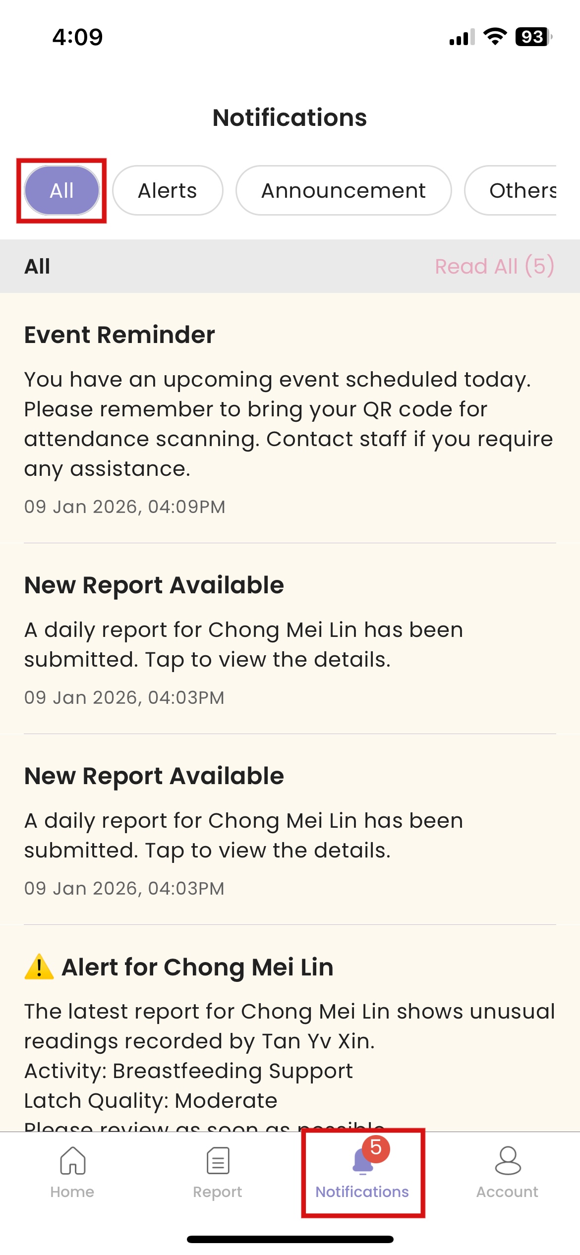 View Alerts for Mother App