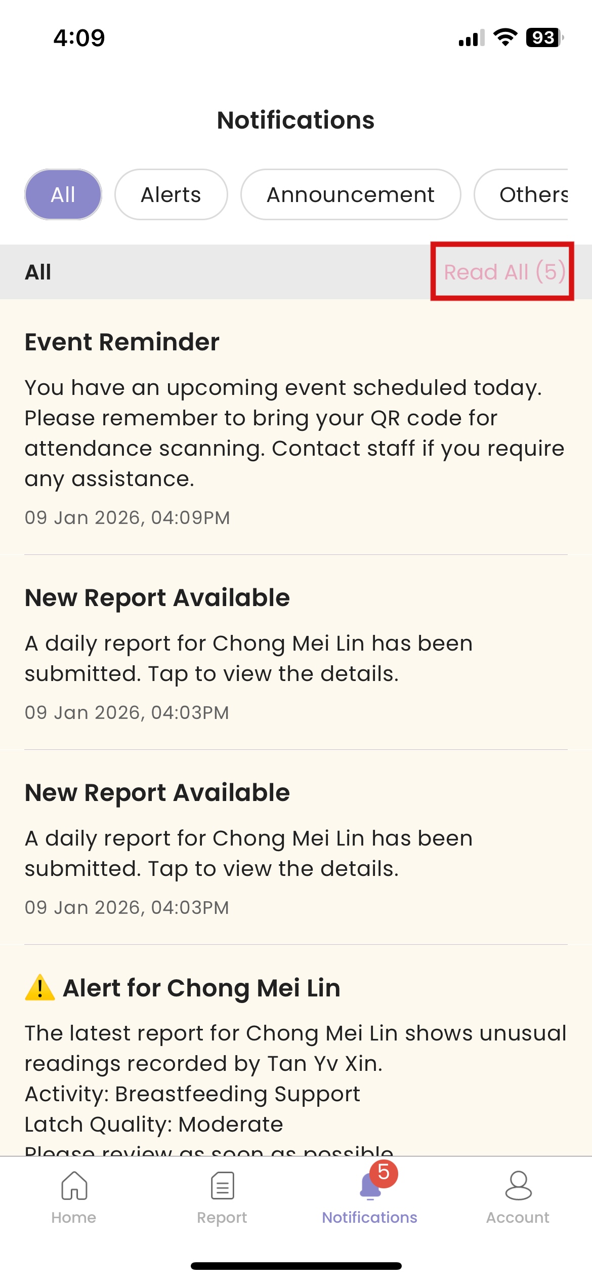 Mark Notifications All As Read for Mother App
