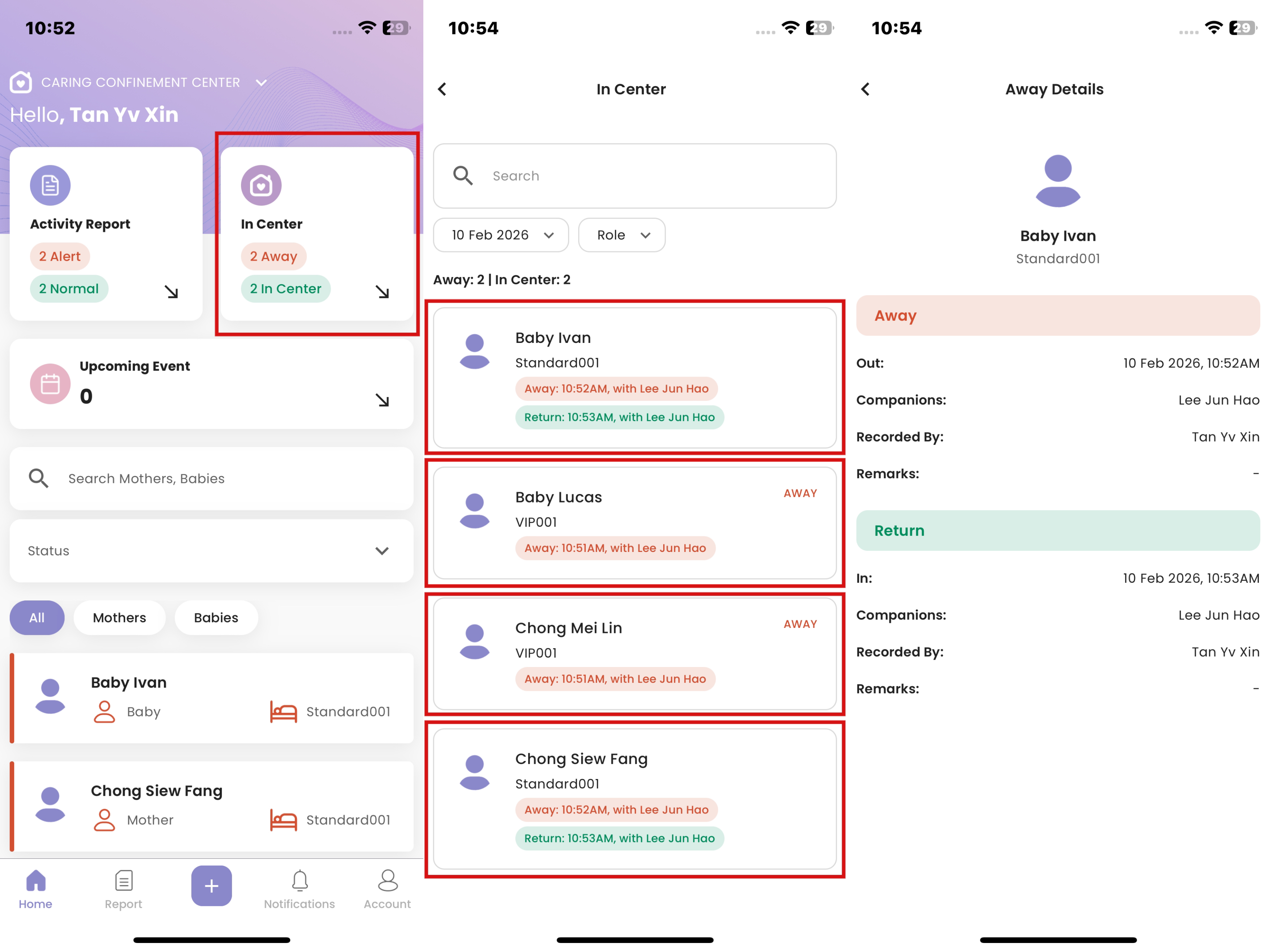 在 Staff App 中查看外出/返回状态